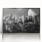 Mid-century modernist art featuring geometric shapes in muted pastel colors on a framed poster.