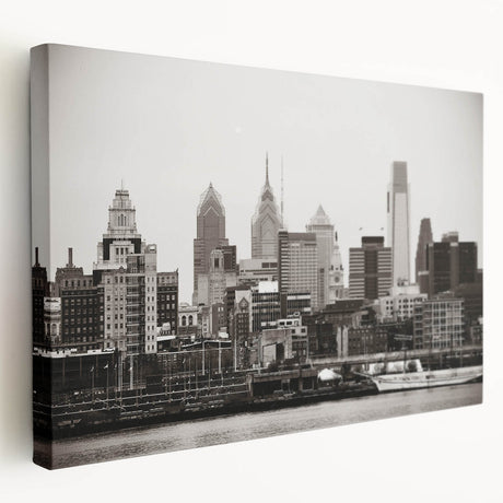 Large abstract cityscape in muted gray and blue tones on a framed poster, ideal for kitchen wall art.