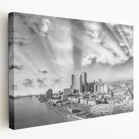 Large abstract cityscape in muted gray and blue tones on a framed canvas, ideal for kitchen wall art.