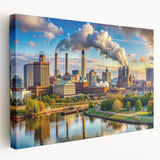 Large abstract cityscape in muted gray and blue tones on a framed canvas, ideal for kitchen wall art.