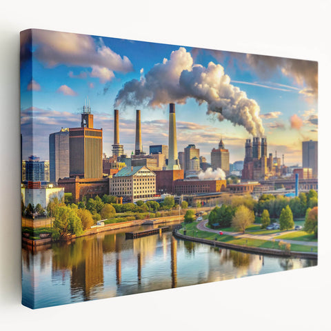 Large abstract cityscape in muted gray and blue tones on a framed canvas, ideal for kitchen wall art.