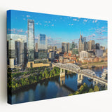 Large abstract cityscape in muted gray and blue tones on canvas, ideal for kitchen wall art.