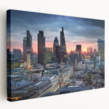 Large abstract cityscape in vibrant twilight hues on canvas, ideal for kitchen wall art.