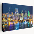 Large abstract cityscape in muted gray and blue tones on rolled canvas, suitable for kitchen wall art.