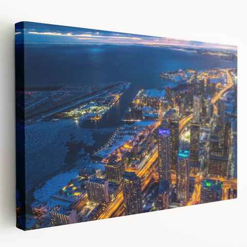 Large abstract cityscape in muted gray and blue tones on a rolled canvas, ideal for kitchen wall art.