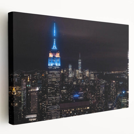 Large abstract canvas print in vibrant blue and orange tones, ideal for kitchen wall art.