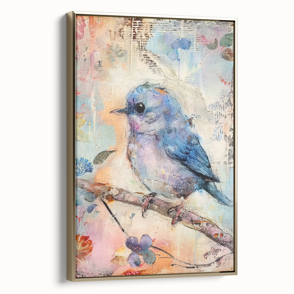 Framed canvas artwork showcasing a vibrant abstract design with gold accents, elegantly displayed in a modern setting, perfect for home decor enhancement.