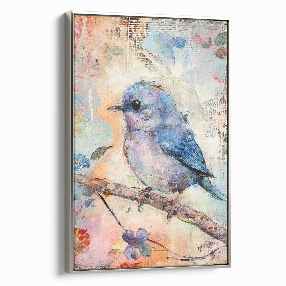 Framed canvas artwork showcasing a modern abstract design with silver accents, displayed in a stylish living room setting, enhancing contemporary decor aesthetics.