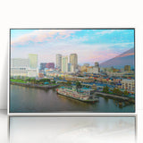 Art deco poster featuring a geometric pattern in muted gold and navy tones, printed on canvas.