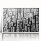Art deco poster featuring a geometric pattern in muted gold and navy tones on acrylic print, suitable for nursery wall decor.