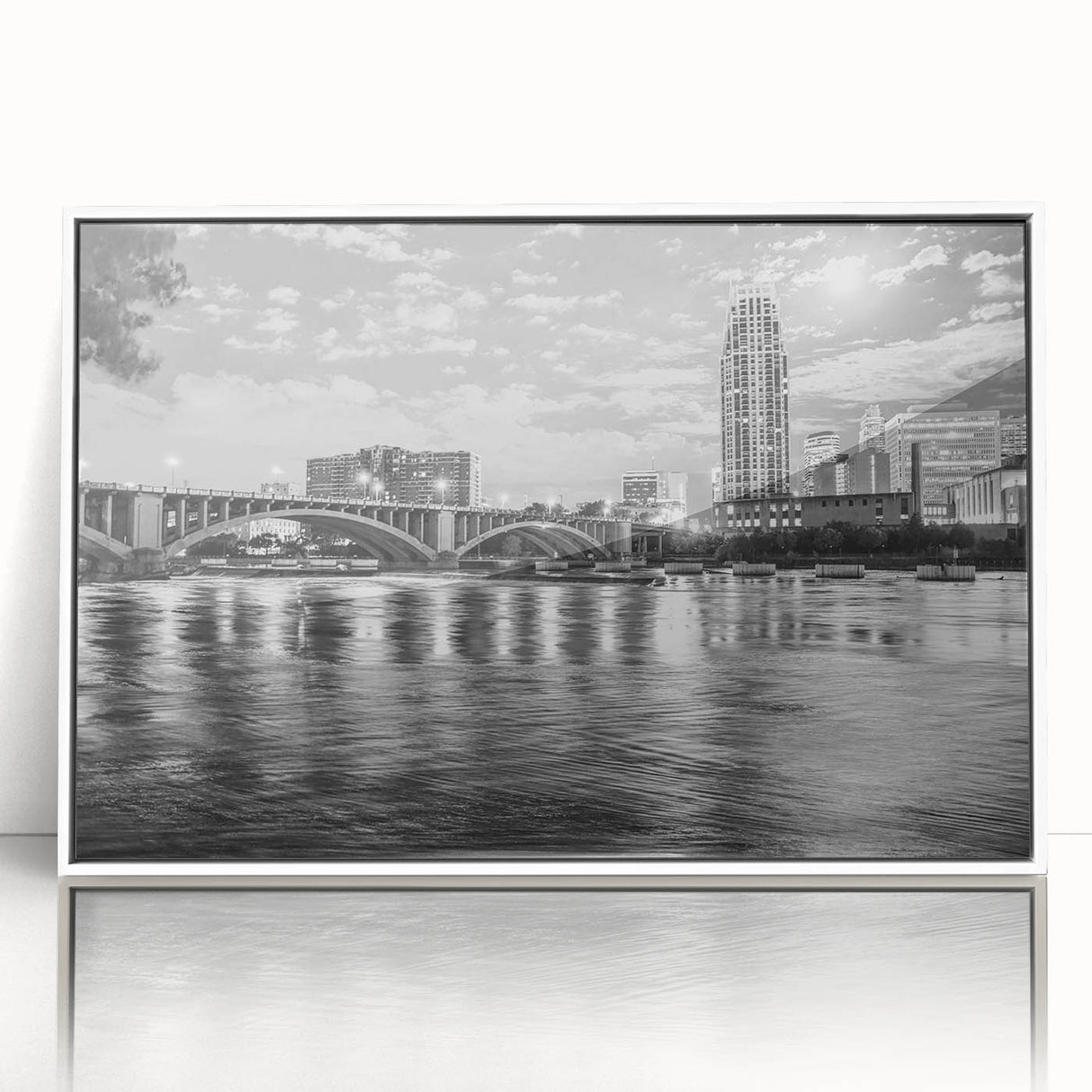 Art deco poster featuring a stylized skyline in muted gold and navy tones on acrylic print, suitable for nursery wall art.