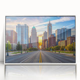 Art deco poster featuring a stylized skyline in muted gold and teal, printed on canvas.