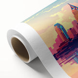 Art deco poster featuring a stylized stork in pastel shades, ideal for nursery wall art.