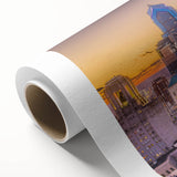 Art deco poster of a stylized sunrise in pastel shades, ideal for nursery wall art.