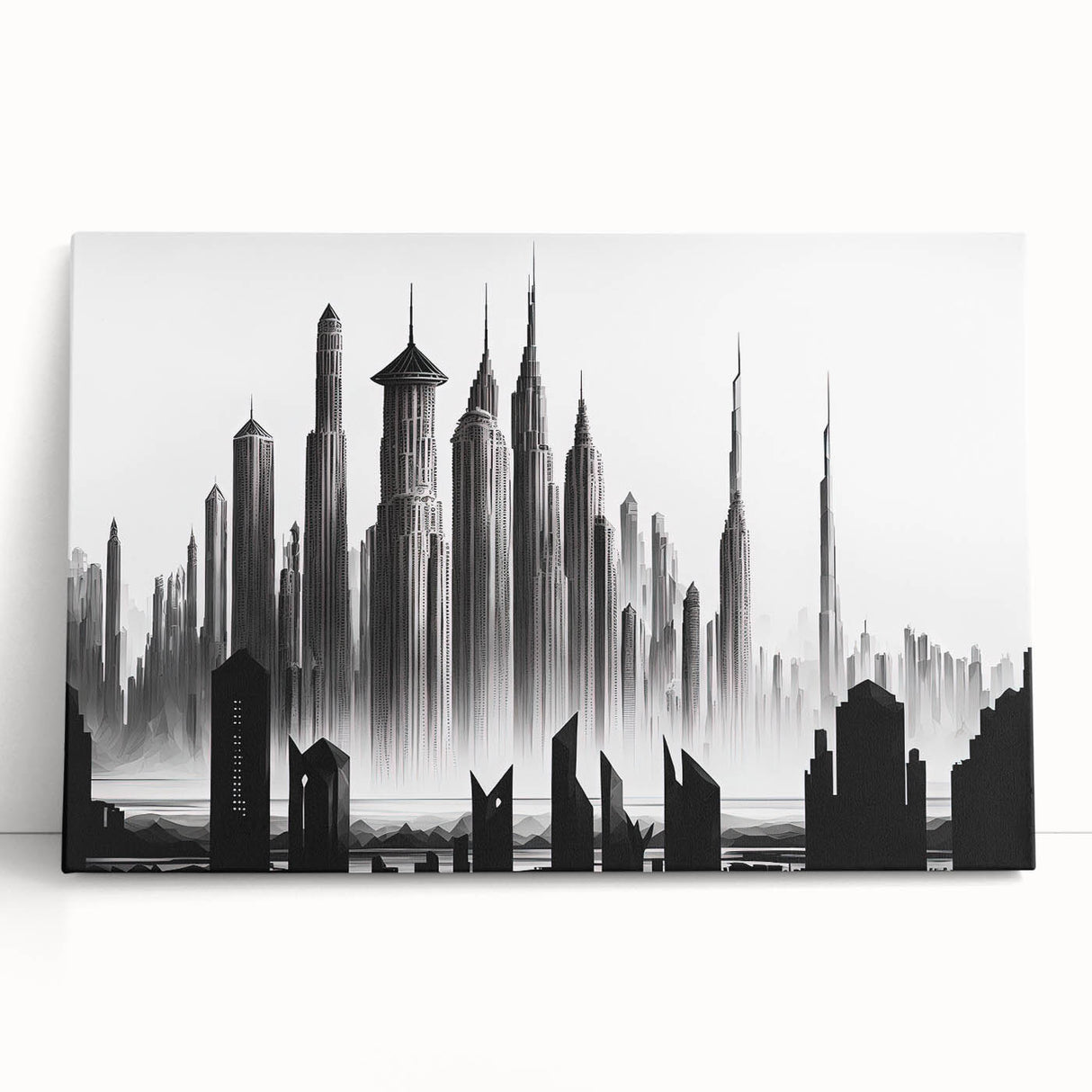 Black and white abstract acrylic print on canvas featuring geometric shapes, ideal for kitchen wall art.