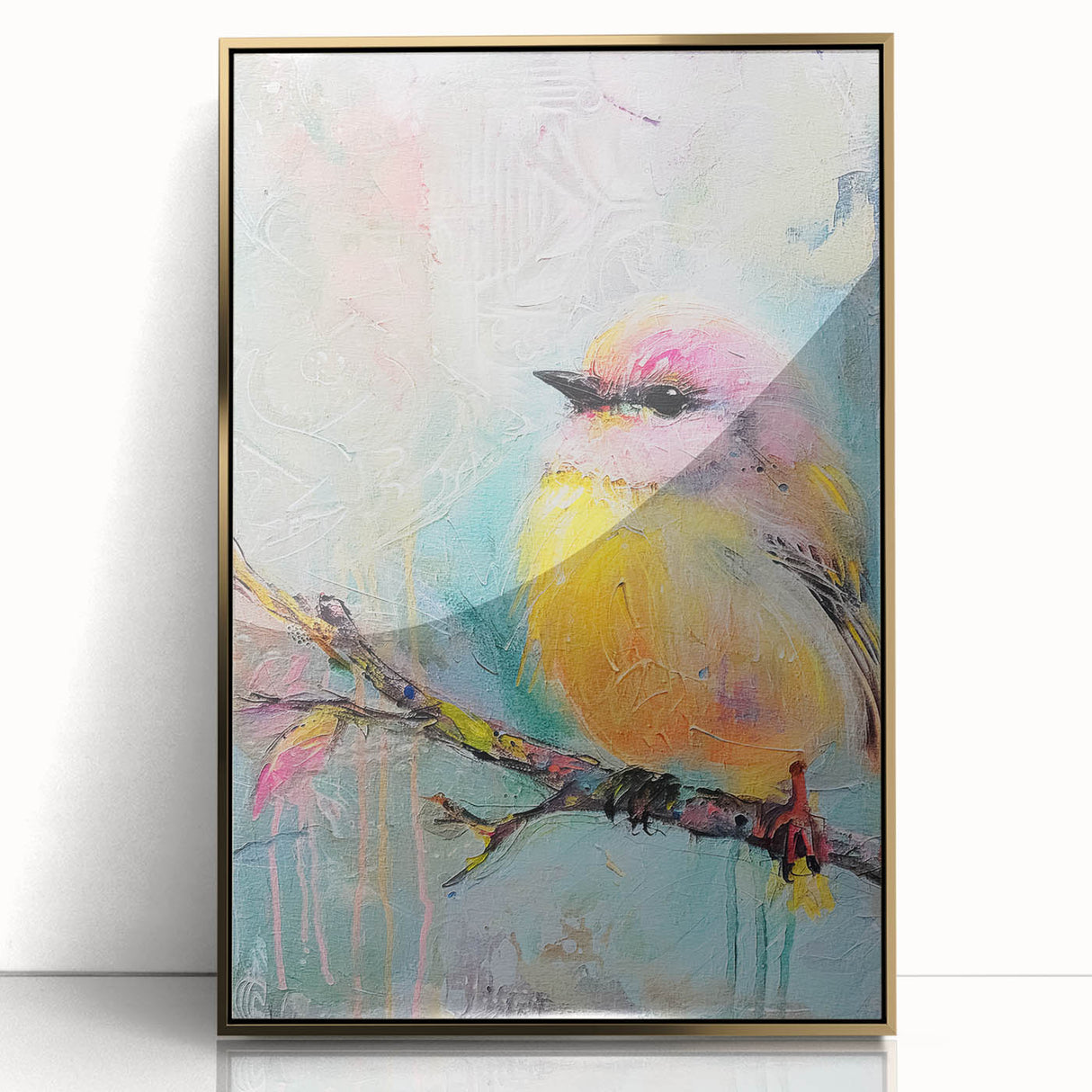 Framed acrylic artwork showcasing an elegant gold design, set against a sleek background, perfect for modern home decor and interior styling.