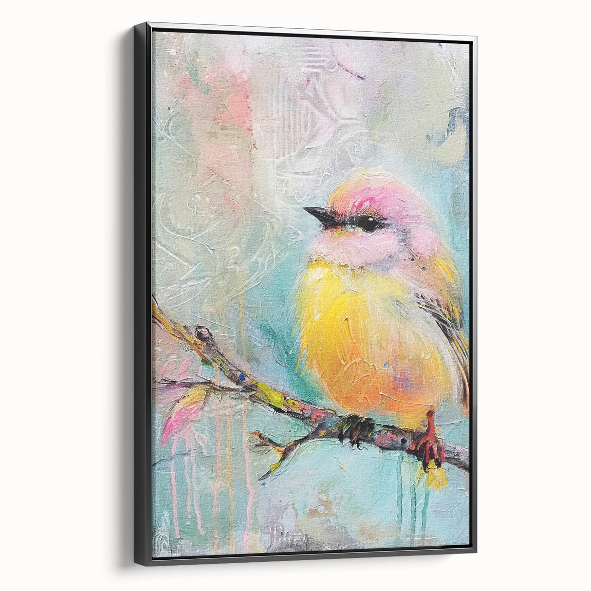 Framed black canvas wall art showcasing an abstract design, viewed from the side, emphasizing its sleek profile and modern aesthetic, perfect for contemporary decor.