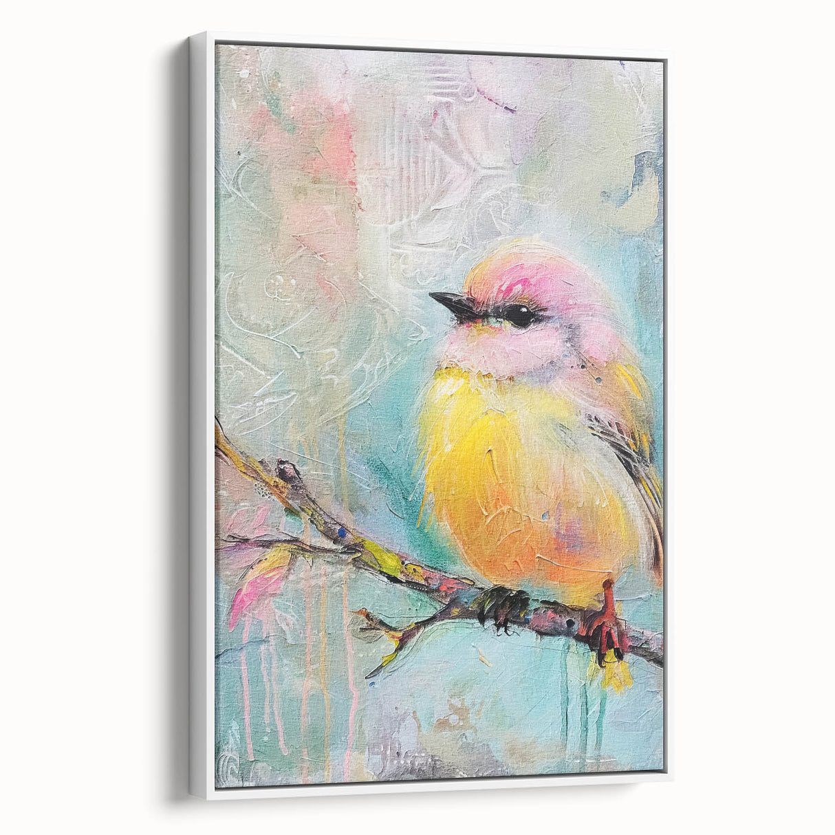 Framed canvas artwork featuring a vibrant abstract design in shades of blue and gold, showcasing a modern aesthetic suitable for contemporary home decor. The white frame enhances the artwork's colors, making it a striking addition to any living space or gallery wall.