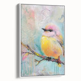 Framed canvas artwork featuring a vibrant abstract design in shades of blue and gold, showcasing a modern aesthetic suitable for contemporary home decor. The white frame enhances the artwork's colors, making it a striking addition to any living space or gallery wall.