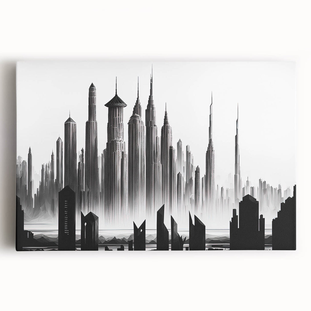 Large black and white abstract canvas print, featuring fluid geometric shapes.