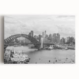 Large black and white acrylic print of a bustling cityscape, ideal for kitchen wall art.