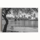 Large black and white acrylic print of a bustling cityscape, ideal for kitchen wall art or bedroom ambiance.