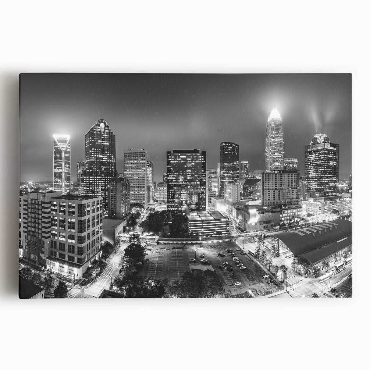 Large black and white abstract acrylic print on canvas, featuring dynamic brush strokes.