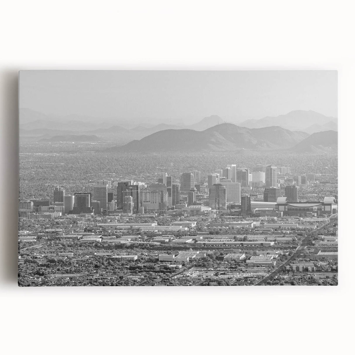Large black and white acrylic print of a minimalist cityscape, ideal for kitchen wall art or bedroom ambiance.