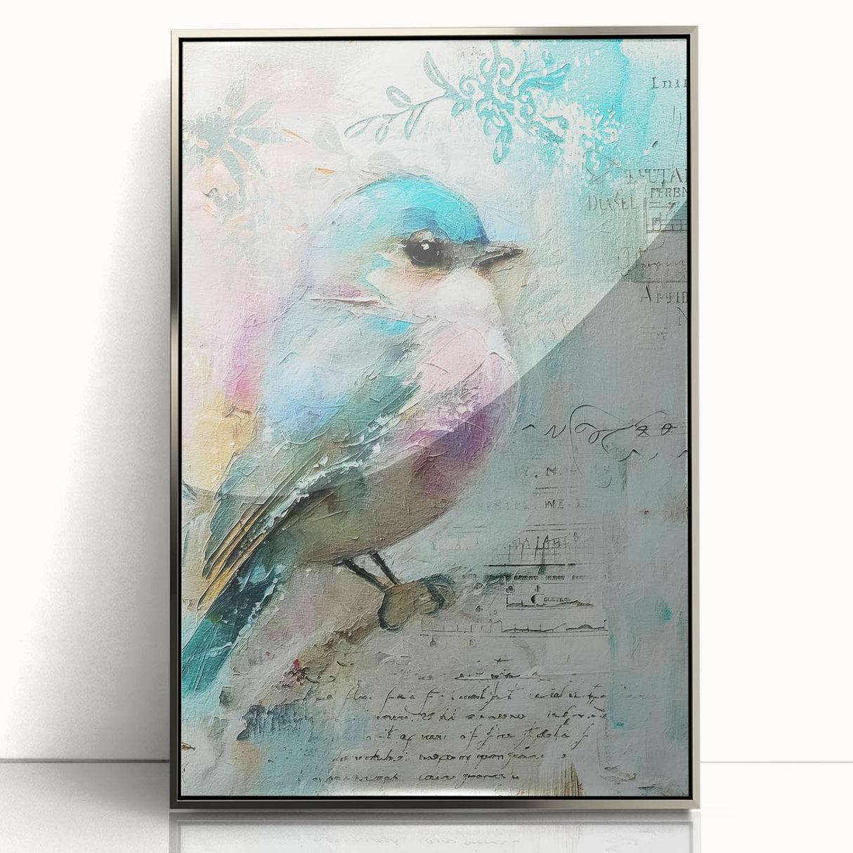Framed acrylic artwork showcasing a sleek silver design, ideal for modern decor. The piece's reflective surface enhances any interior space, adding elegance.