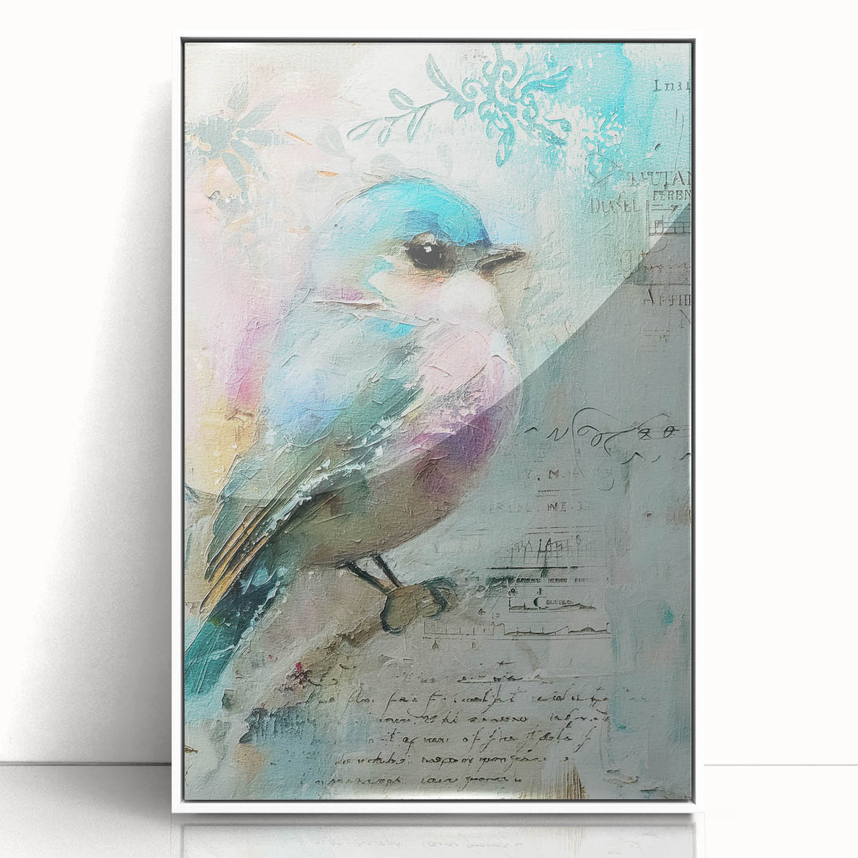 Framed acrylic artwork showcasing a vibrant abstract design with bold colors, placed against a white backdrop, ideal for modern home decor.