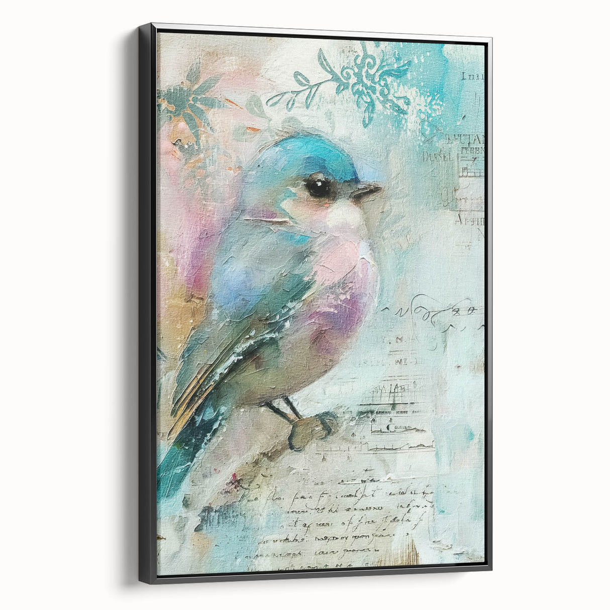 Framed black canvas artwork showcasing a modern abstract design, viewed from the side, highlighting its sleek edges and contemporary aesthetic, perfect for home decor.
