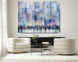 Serene Blessings, Light Blue Western Wall - Contemporary Jewish Wall Art by Avigdor Ben-Ari featuring a tranquil scene with people in a city, ideal for modern interiors.