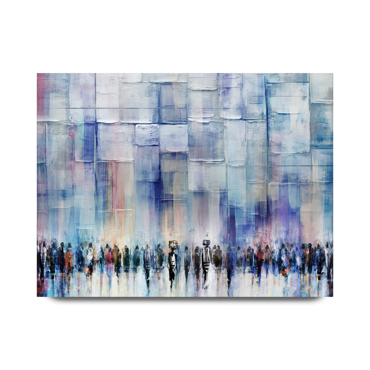 Serene Blessings, Light Blue Western Wall - Contemporary Jewish Wall Art by Avigdor Ben-Ari, features people in line, evoking peace and spirituality for modern Judaica collections.