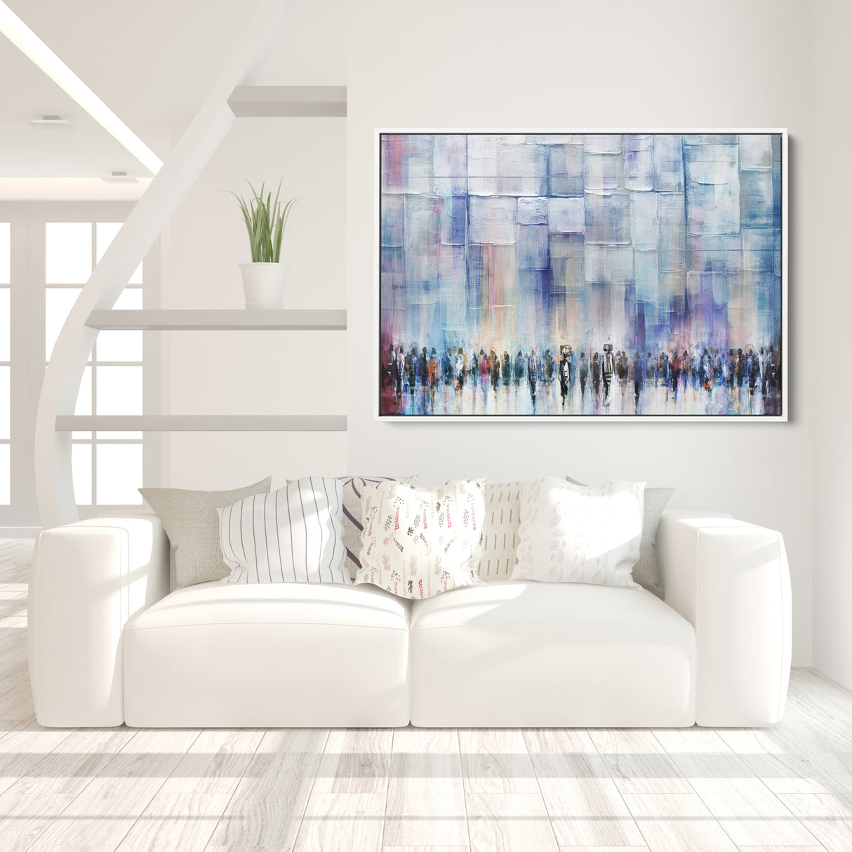 Serene Blessings, Light Blue Western Wall art by Avigdor Ben-Ari, displayed above a white couch with pillows, enhancing modern interior decor.