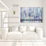 Serene Blessings, Light Blue Western Wall art by Avigdor Ben-Ari, displayed above a white couch with pillows, enhancing modern interior decor.