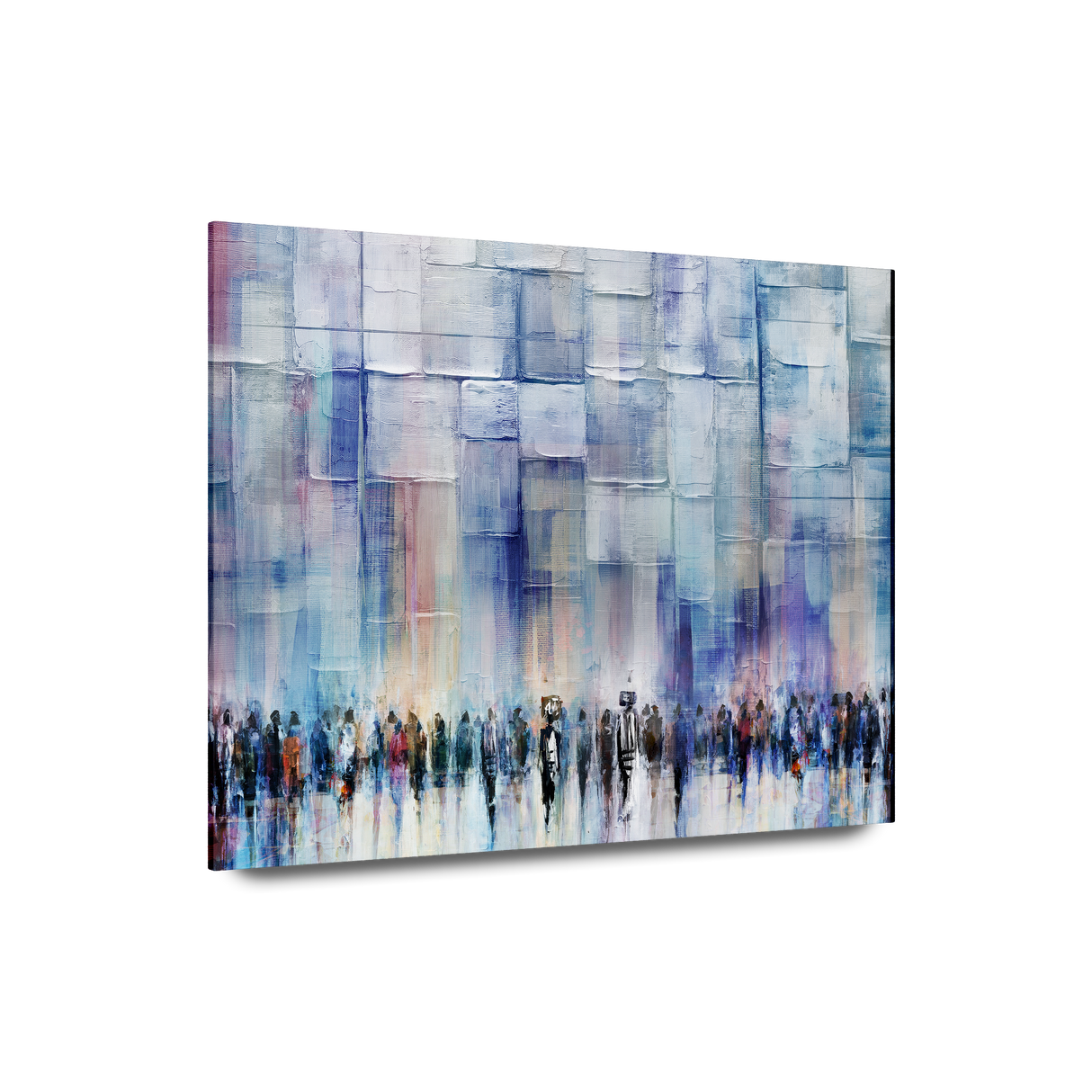 Serene Blessings, Light Blue Western Wall - Contemporary Jewish Wall Art by Avigdor Ben-Ari, depicts a crowd at the Western Wall in soothing hues.