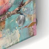 Close-up of a vibrant acrylic glass piece displaying intricate abstract patterns in shades of blue and gold, emphasizing its reflective surface and artistic depth.