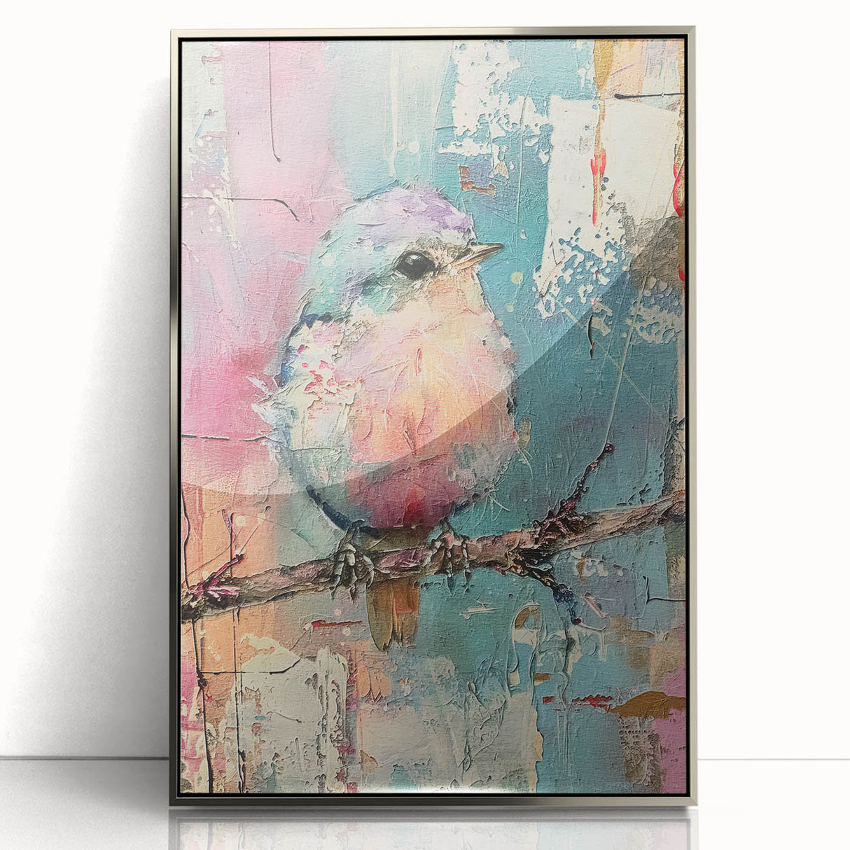 Framed acrylic wall art featuring a modern silver design, showcasing a sleek front view against a neutral background, perfect for contemporary home decor.
