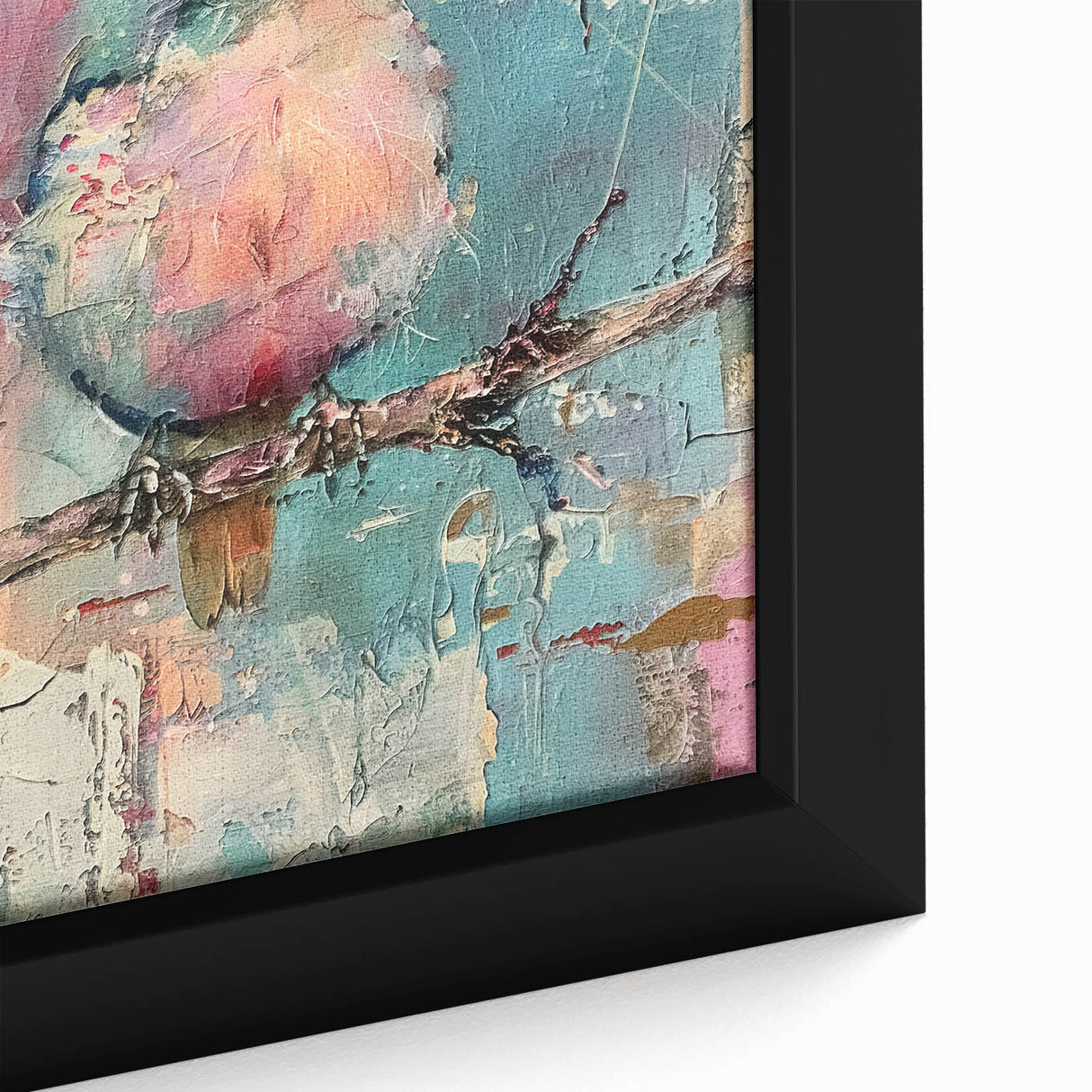 Close-up of a framed canvas showcasing vibrant African wall art with intricate patterns and textures, mounted elegantly for home decor enhancement.