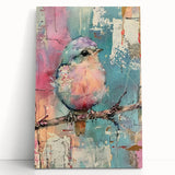 Stretched canvas featuring vibrant abstract landscape art, leaning against a textured wall, ideal for modern home decor, showcasing rich colors and depth.