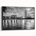 Black and white vintage poster art of a landscape, printed on canvas, suitable for bedroom wall decor.