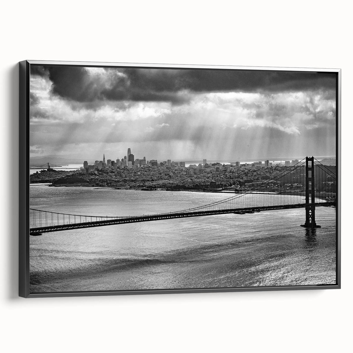 Black and white vintage poster art depicting a serene landscape, printed on framed canvas, suitable for bedroom wall decor.