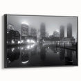 Black and white vintage poster art depicting a serene landscape, ideal for bedroom wall decor.