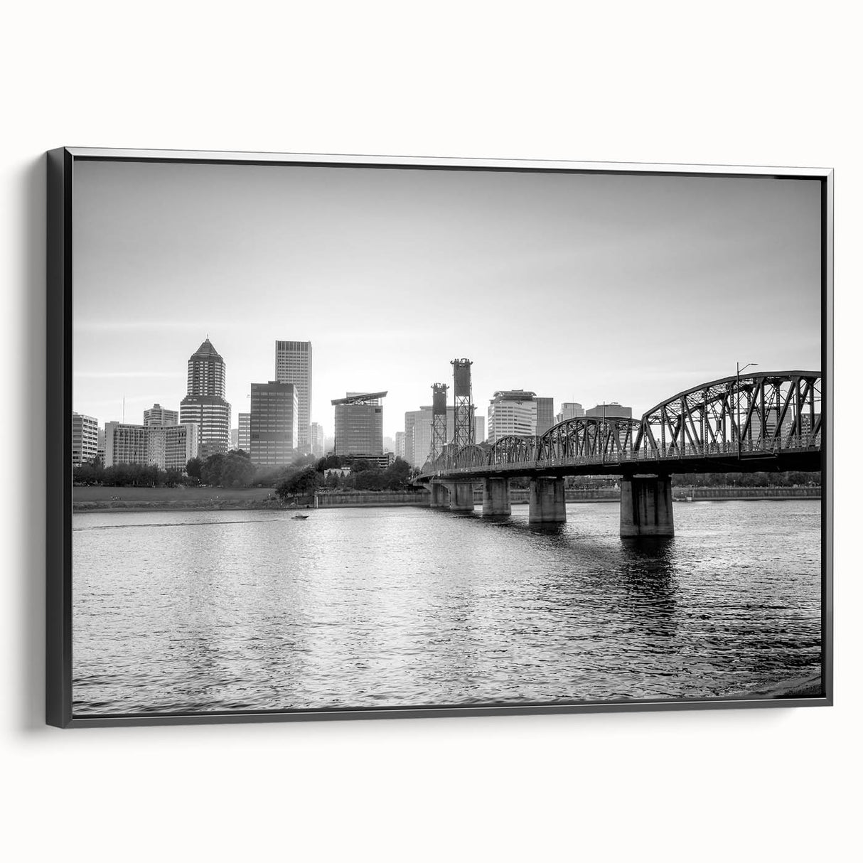 Black and white vintage poster art featuring a serene landscape, ideal for bedroom wall decor.