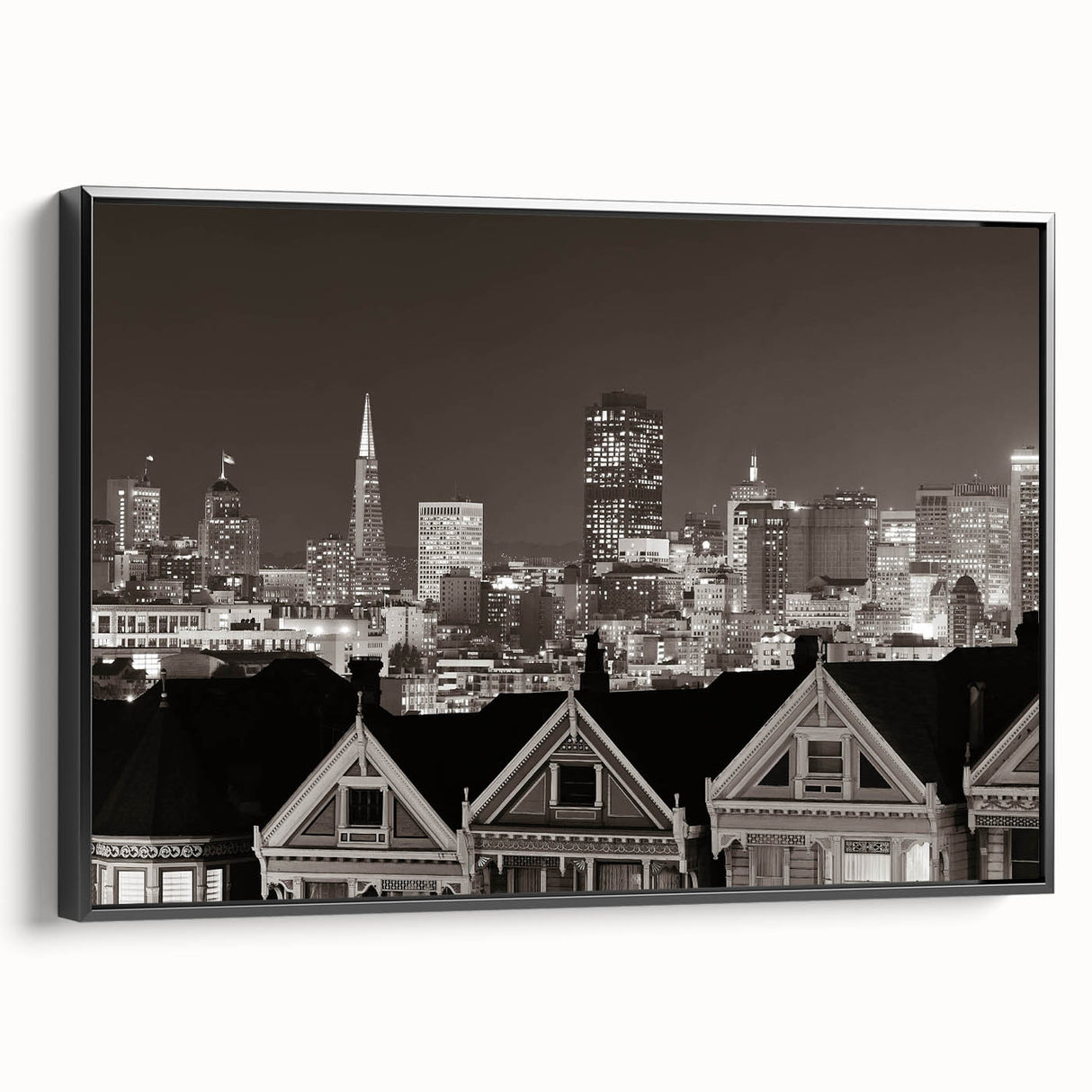 Black and white vintage poster art of a mountainous landscape, printed on canvas, suitable for bedroom wall decor.