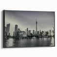Black and white vintage poster art of a serene landscape, printed on framed canvas, suitable for bedroom decor.