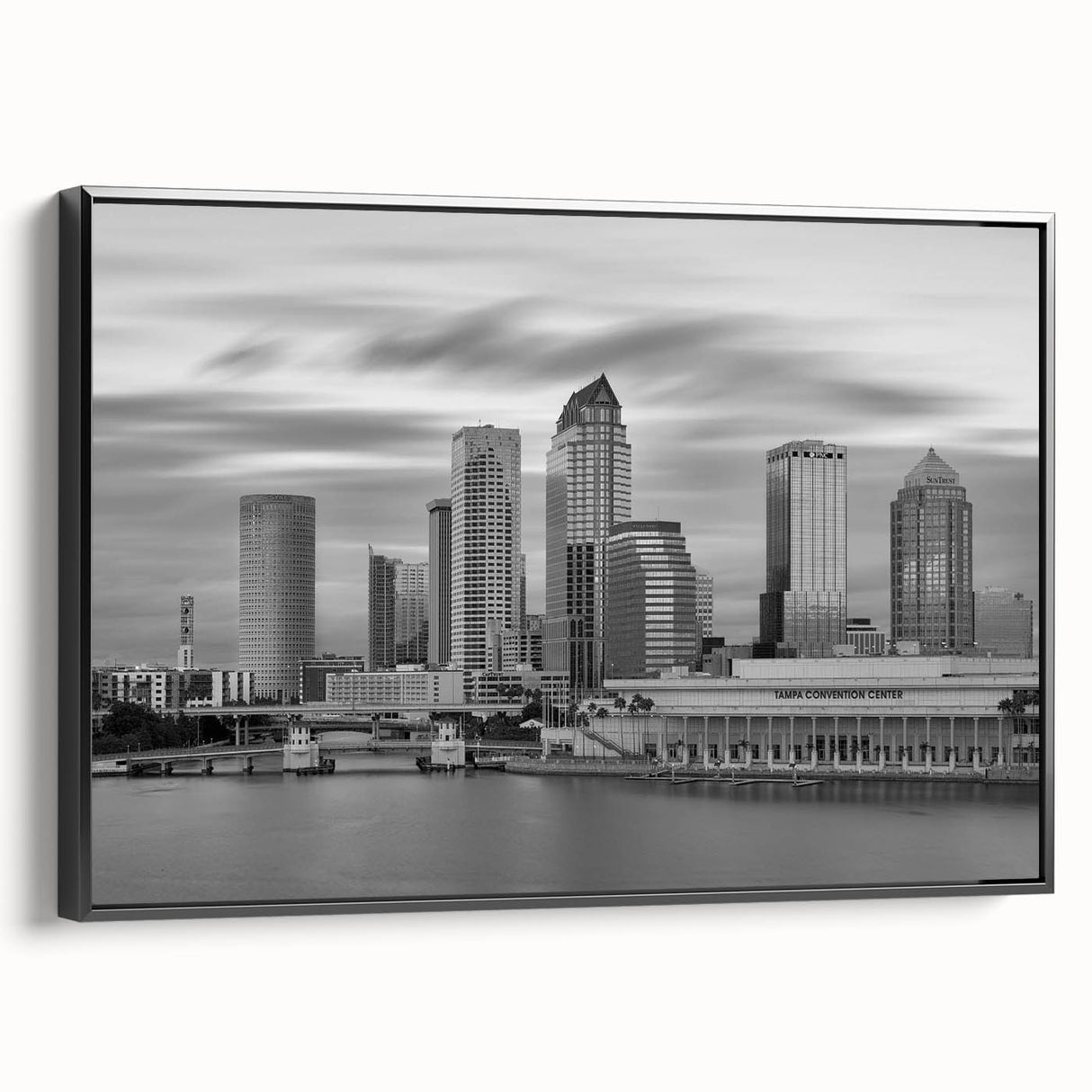 Black and white vintage poster art featuring a serene landscape, printed on canvas, ideal for bedroom wall decor.