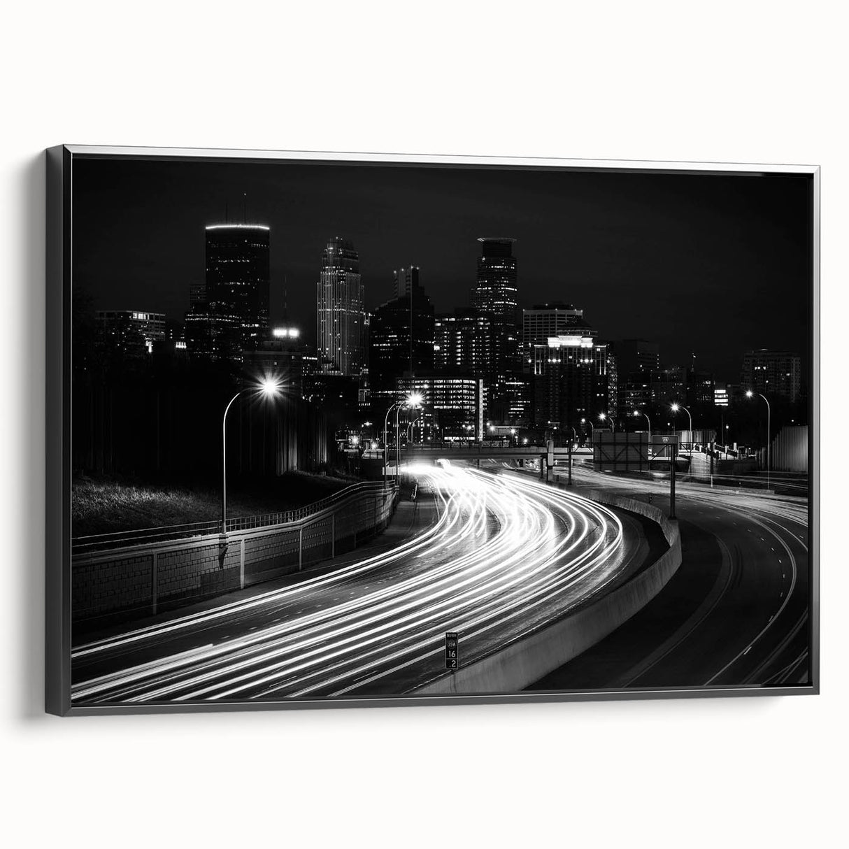 Black and white vintage poster art of a serene landscape, printed on framed canvas, suitable for bedroom decor.