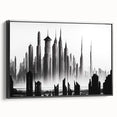 Black and white vintage poster art of a mountain landscape, ideal for bedroom wall decor.