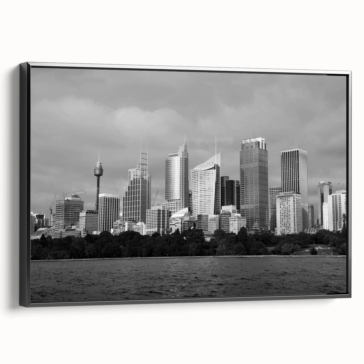 Black and white vintage poster art depicting a serene landscape, printed on framed canvas, suitable for bedroom decor.